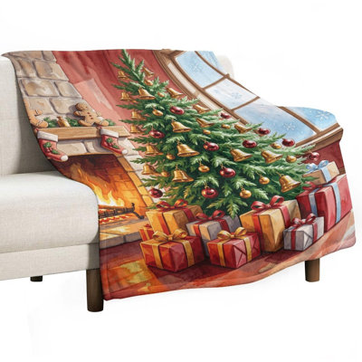 Christmas Tree With Bells Ornaments And Wrapped Luxury Flannel Throw Blanket, Soft Warm Fuzzy Blanket for Living Room Sofa Bed Home Decor