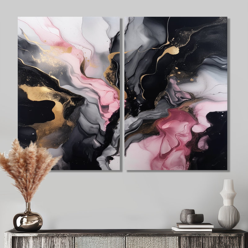 Black Gold Marble Splash II - Marbre abstrait, estampes encadrées, H 36 po x l 48 po, Toile tendue, Ne s’applique pas