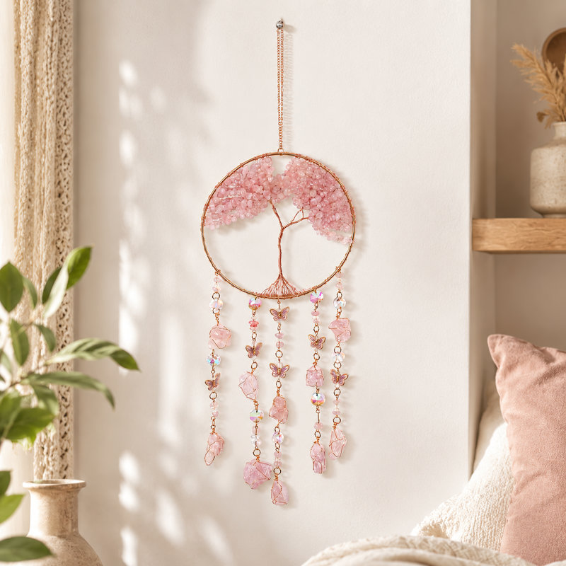 Décoration suspendue en cristal avec motif d'arbre de vie rose