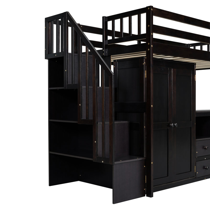 Lit mezzanine simple avec escalier, bibliothèque, tiroirs, bureau et garde-robe. Bois massif. Idéal pour les adolescents. Conception compacte et robuste intégrée.