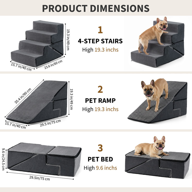 3‑in‑1 Convertible 4‑Step Pet Stairs. Multi‑Function Foam Dog Steps Ramp & Pet Bed. Soft Non‑Slip Polyester Cover.  Climbing Aid for Small Medium Dogs to Reach Beds & Sofas. Grey