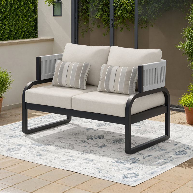 Causeuse d'extérieur en acacia avec coussins, Cadre mat noir / toile lin coussin Sunbrella