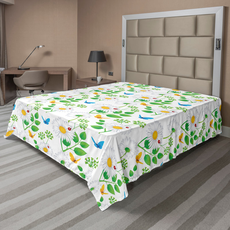 Ambesonne Top Flat Sheet Curving Art, Full Flat Sheet, White Green Floral