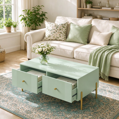 Modern Coffee Table with Two Storage Drawers and Metal Legs, Light Green and Gold Tone Particle Board Table for Living Room and Bedroom, 100L x 50W x 43H cm