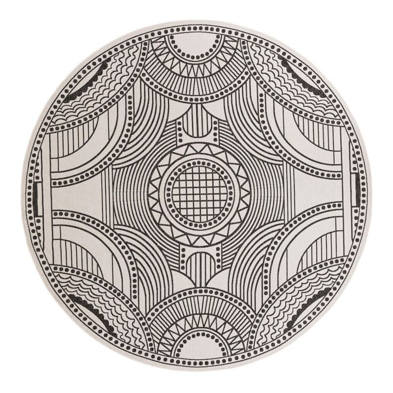 Tapis intérieur / extérieur en polypropylène tissé à la machine géométrique blanc / noir, Rond 13 pi 1 po