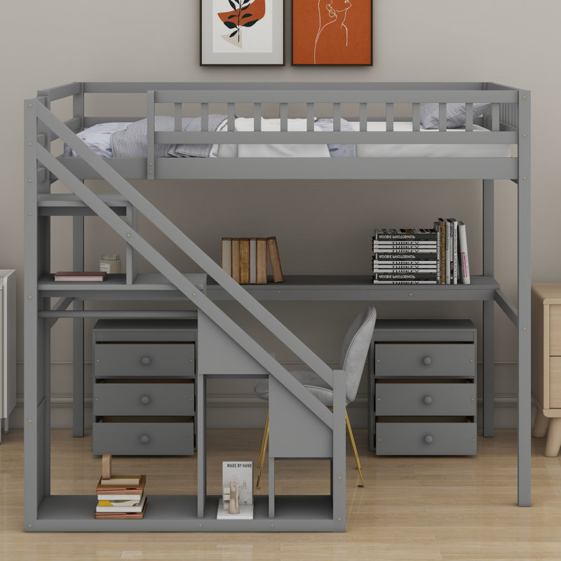 Lit mezzanine avec deux commodes, bureau et bande lumineuse, Double, Gris