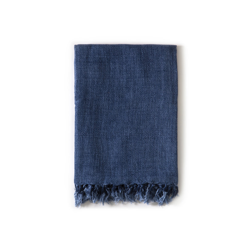 Indigo Montauk King-Size Heavy Linen Throw Blanket with Knotted Fray Edges