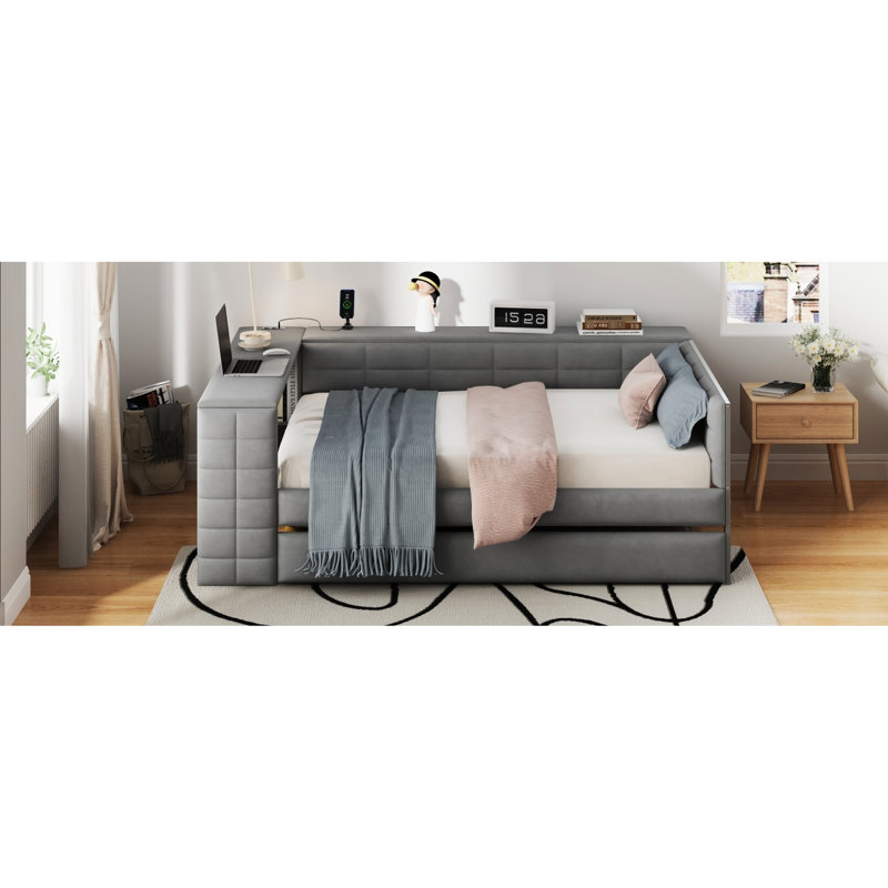 Lit tapissier gris avec tablettes de rangement intégrées, bureau, ports de chargement et lit gigogne pour rangement multifonctionnel, mise à niveau de chambre à coucher