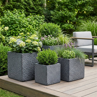 Large Outdoor Indoor Planter Set Of 4 – 16.9”+14.37”+11.6”+9.25” Dia Square Magnesium Oxide Pots With Drainage Holes | Modern Industrial Design For Home Garden Patio