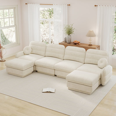 Canapé modulaire surdimensionné en chenille de 137 po en forme de U avec repose-pieds, beige crème