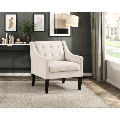 Fauteuil à boutons beige: structure en contreplaqué, tissu à 100%, siège d'appoint limité à 300 lb: construction, mousse haute, pieds en bois d'hévéa brun