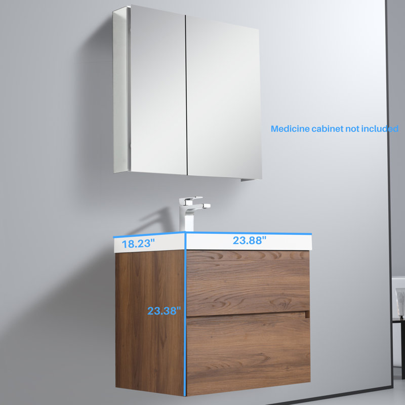 Meuble-lavabo mural 24 po avec lavabo - Armoire murale en bois avec plateau en acrylique, tiroirs à fermeture en douceur et meuble-lavabo simple moderne