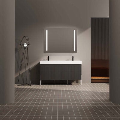 Meuble-lavabo autoportant de 60 po avec lavabo double en résine et armoire de rangement à fermeture en douceur, parfait pour les salles de bain modernes