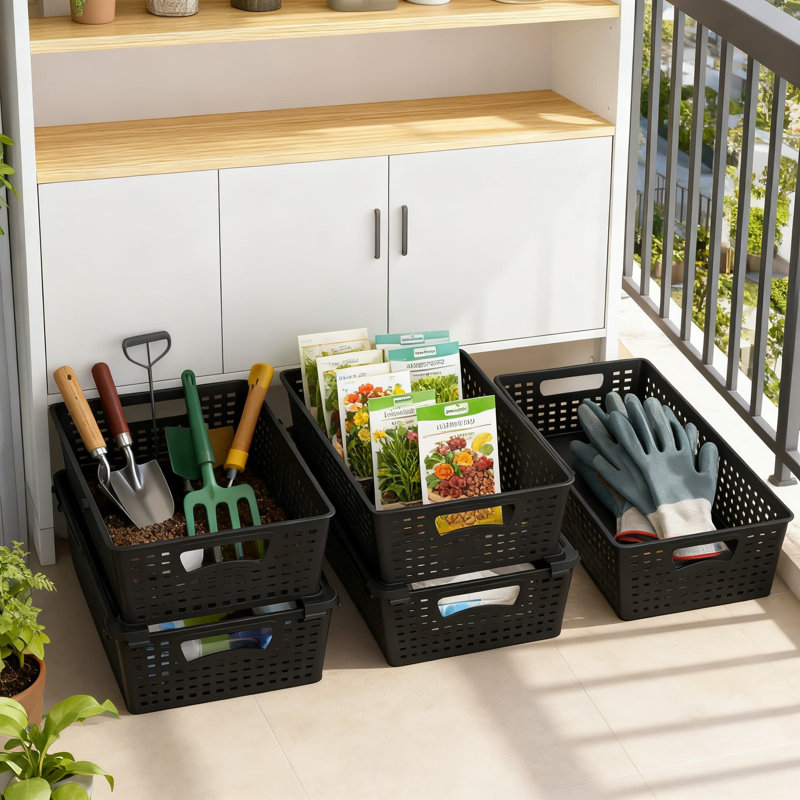 Stackable Plastic Woven Storage Baskets Organizer, 6-Pack With Handles For Home Organization, Durable And Easy To Clean