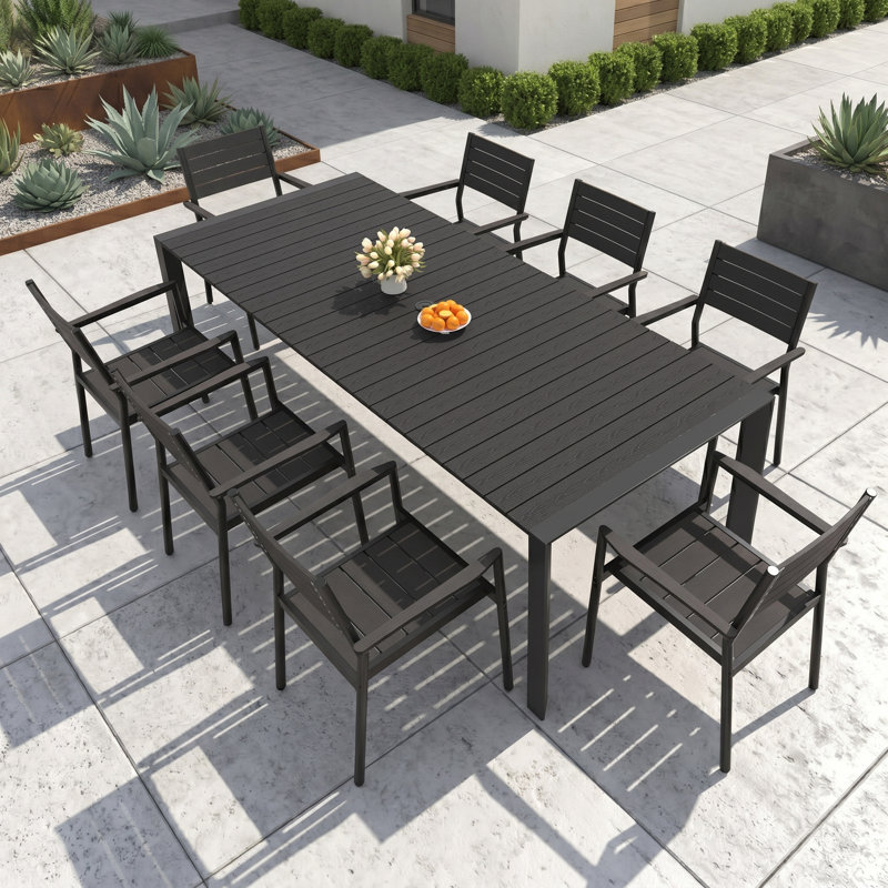 8 - Person 84’’ L Rectangular Aluminum Dining Set with Stacking Chairs, Black