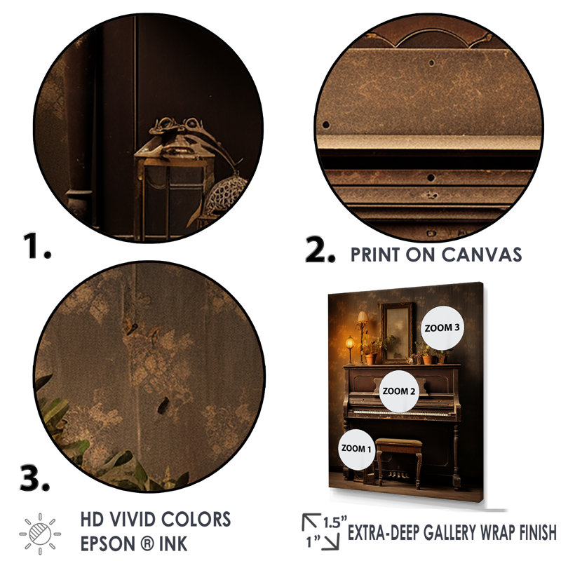 «Vintage Piano Rustic Melody» sur impression sur toile, H 32 po x l 16 po x P 1 po, Cadre flottant doré