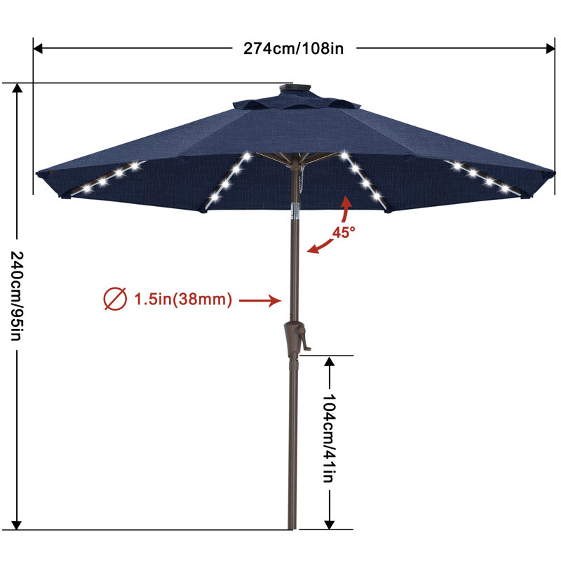 Parasol lumineux en oléfine 9 pi pour patio 9 pi, Bleu marine clair