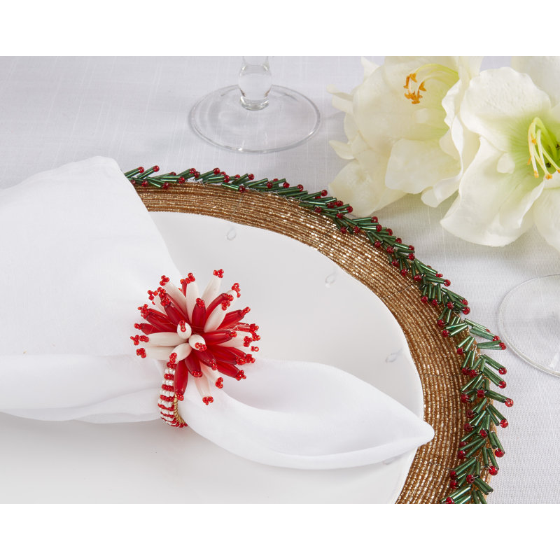 Elegant Red and White Beaded Napkin Rings Set of 4