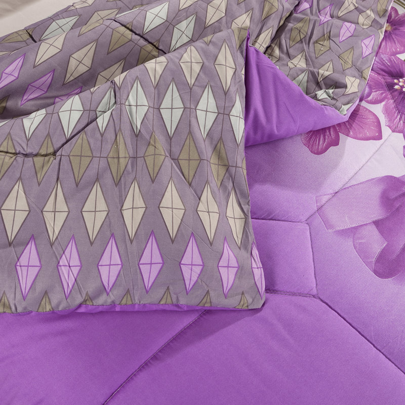 Purple Trendy Printed Bedspread Floral Design Quilted with Pillow Shams, Single Bedspread + 1 Standard Sham