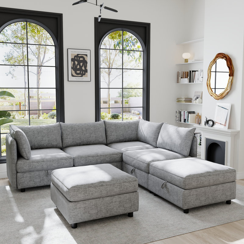 Convertible Grey Chenille Sectionals, Modern Space-saving Sofa With Storage