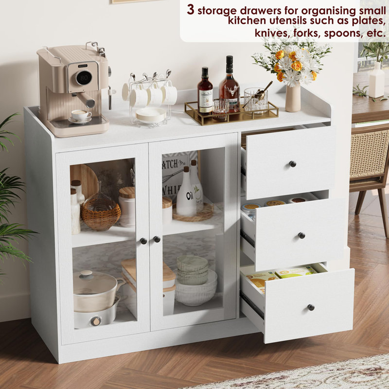 Buffet avec rangement, armoire de cuisine moderne 43 po avec garde-corps et tablettes réglables, Blanc