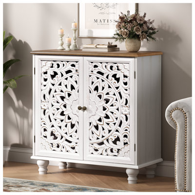 Accent Cabinet With Doors, Storage Cabinet With Solid Wood Legs And Adjustable Shelf, Sideboard Buffet For Living Room, Entryway, Dining Room, Bedroom, White