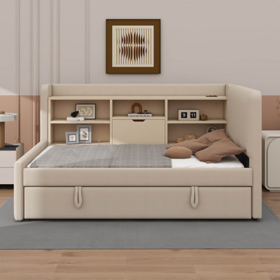 Twin-Sized Fabric-Upholstered Daybed With Trundle, Built-In Storage Shelves, USB Charging, And Electrical Outlets