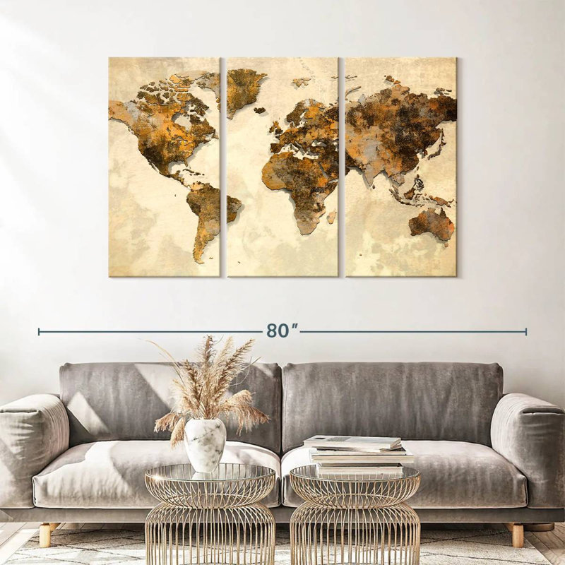 " Rustic World Map " by Tess P 3 - Pieces, 36" H x 57" W x 1.25" D