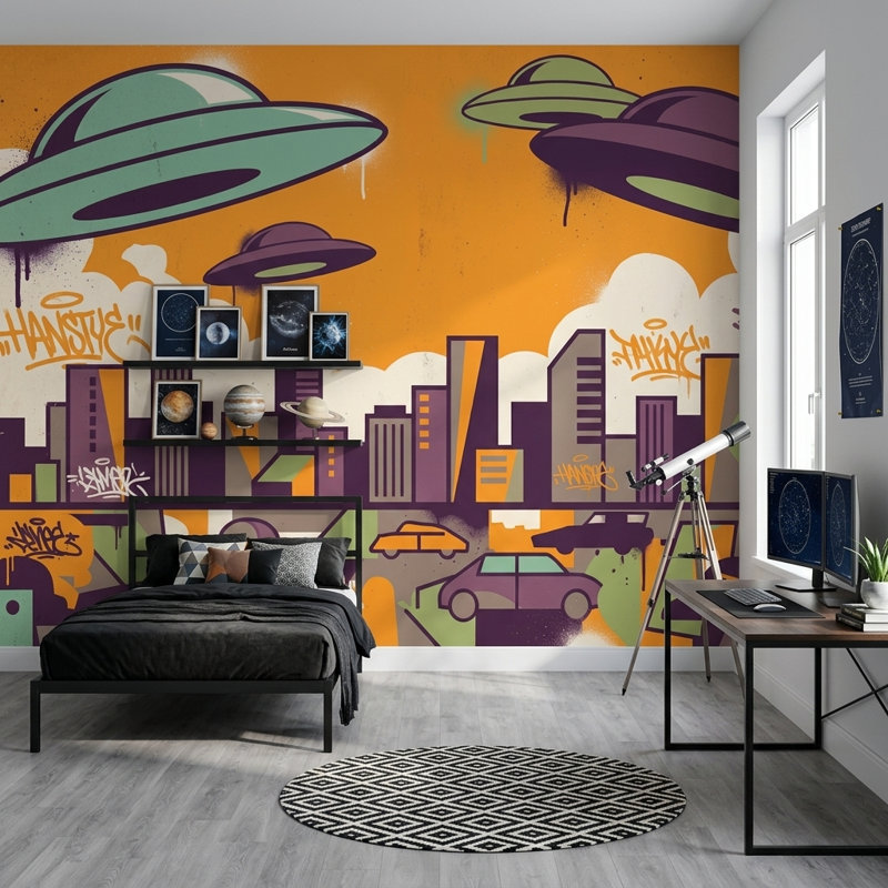 Papier peint UFOs, horizon urbain, graffiti amovible, art mural, 100 po x 96 po, Texturé non collé