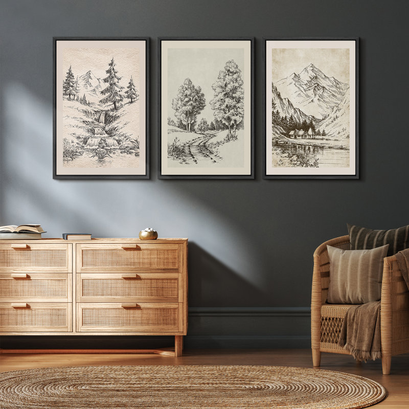«Vintage Countryside Forest Mountain River Nature Landscape», art mural sur toile 3 pièces, Noir