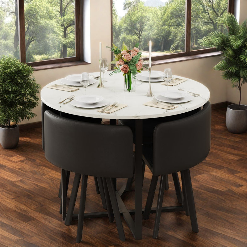 Ensembles de table de salle à manger modernes peu encombrants, chaises en simili marbre blanc et pu noir pour petite cuisine
