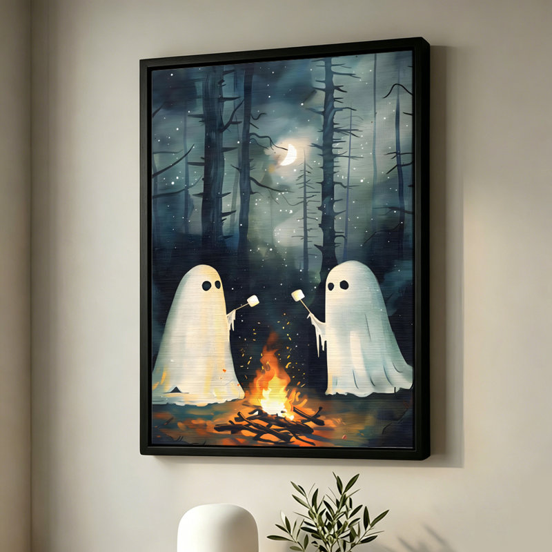 Halloween : Deux fantômes faisant griller des guimauves autour d'un feu de camp, tableau sur toile encadré, cadre blanc, 61 x 91 cm