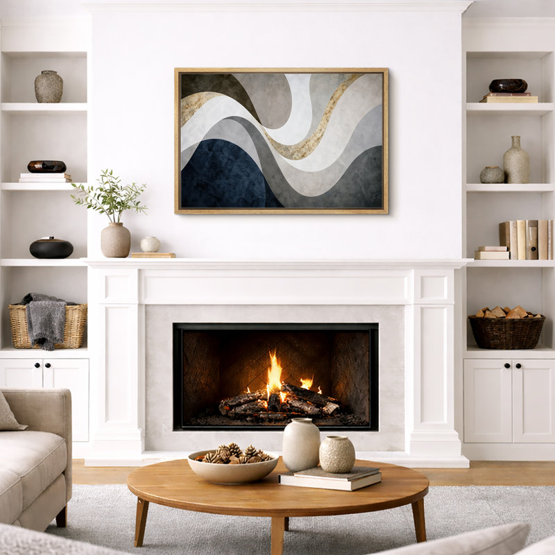 Abstrait bleu or, beige, motif de vagues fluides, images de salon contemporain, impression sur toile encadrée, Cadre naturel