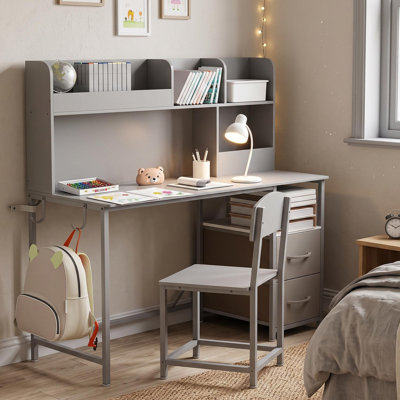 Ensemble de bureau et chaise pour enfants avec huche, tiroirs de rangement, crochets, organisateur de bureau pour enfants, table d'étude pour enfants de 6 à 12 ans