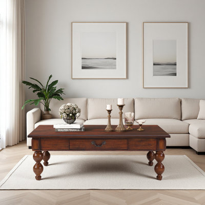 Table basse rectangulaire en bois avec tiroir de rangement, table de cocktail rétro avec pieds en bois massif en forme de gourde