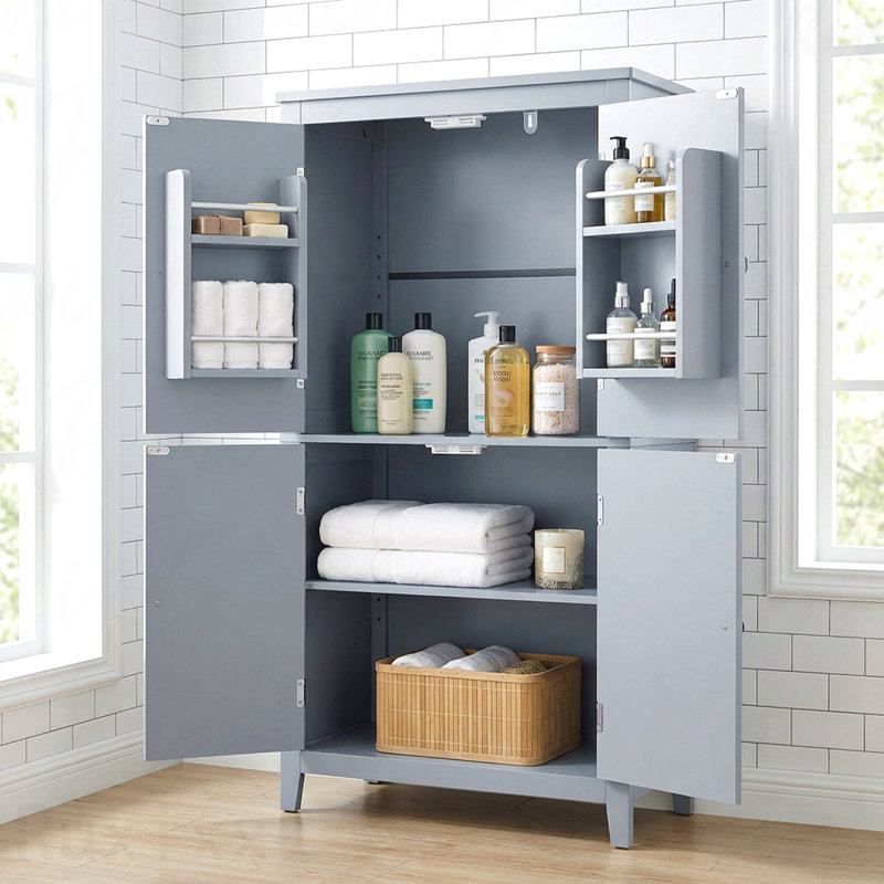 Elegant 4-Door Gray Bathroom Floor Storage Cabinet with Adjustable Shelves - Gray, Gray