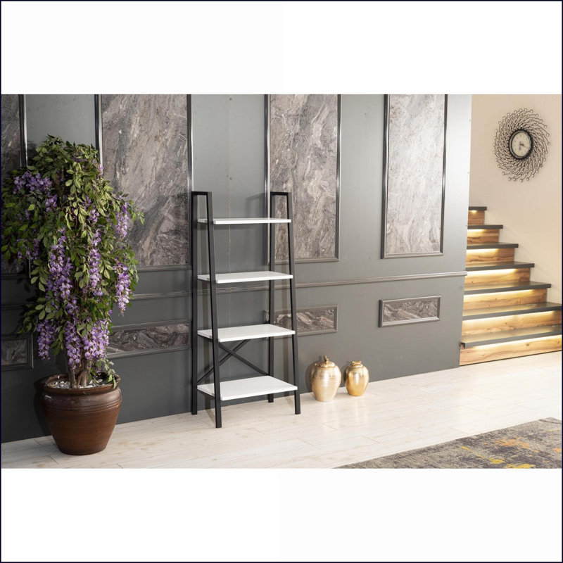 Bibliothèque, structure moderne en métal à 5 niveaux pour petits espaces - Salon / bureau blanc neige | Blanc neige | Cadre en métal