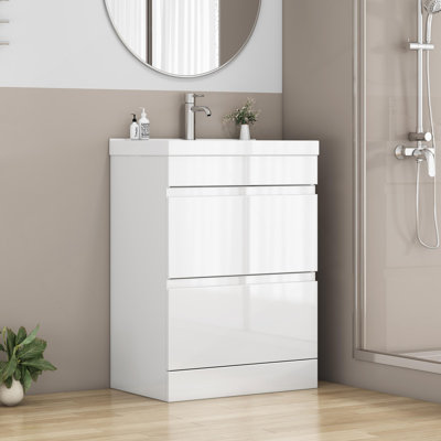 24-Inch Bathroom Vanity With Sink Combo, 2 Drawers Bathroom Cabinet,Quickly Assemble Free Standing Bathroom Cabinet, Soft-Close System,Unique Thick-Edged Ceramic Basin,Handle Free Design,Glossy White