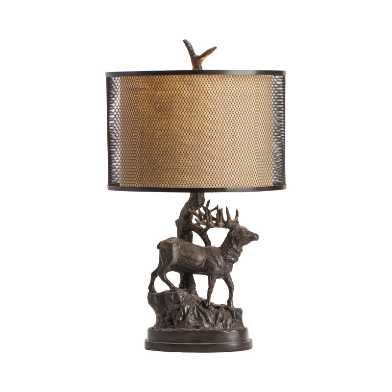 Rustic Resin Table Lamp With Elk Scene And Double Drum Shade.