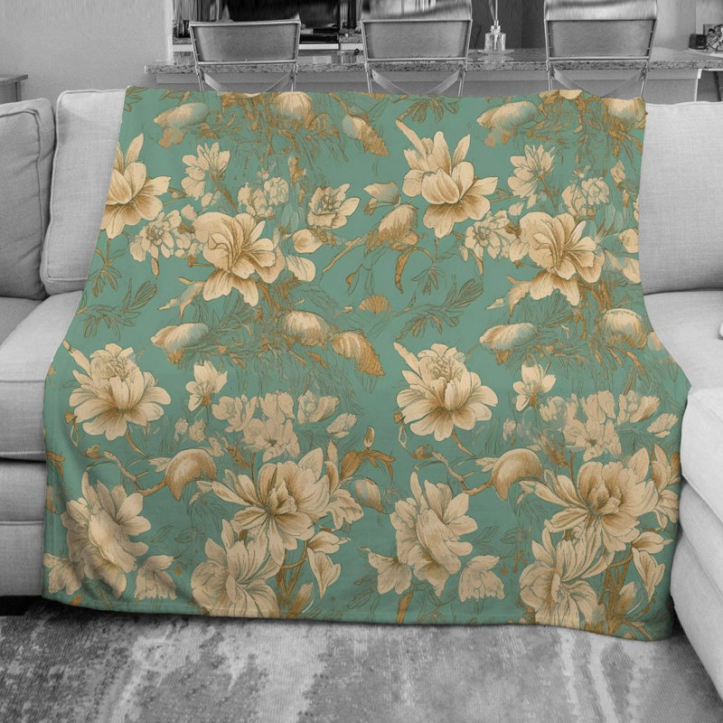 Floral Botanical Fleece Blanket, 68" W x 80" L, Gold/Green Floral