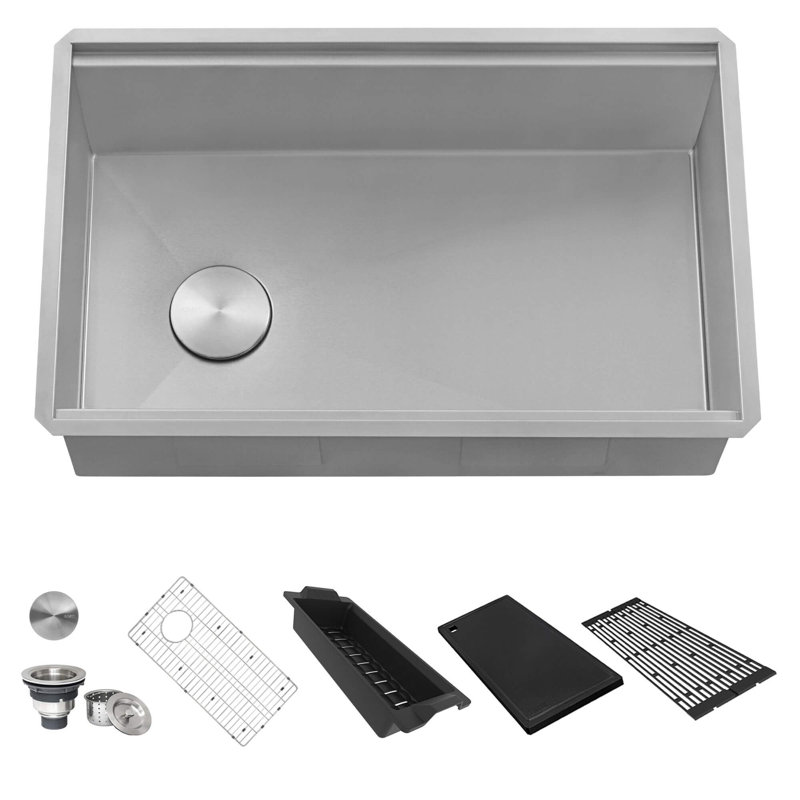 Ruvati 27-inch Workstation Slope Bottom Offset Drain Undermount 16 Gauge Kitchen Sink, Silver
