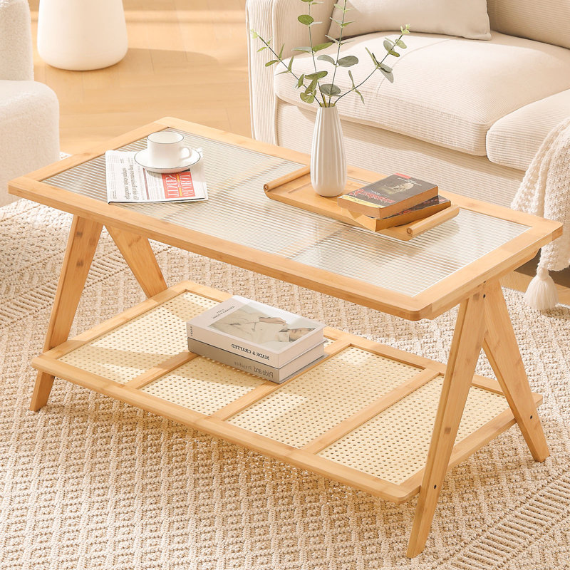 39.4" Glass Top Coffee Table with ABS Rattan Storage Shelf, Natural
