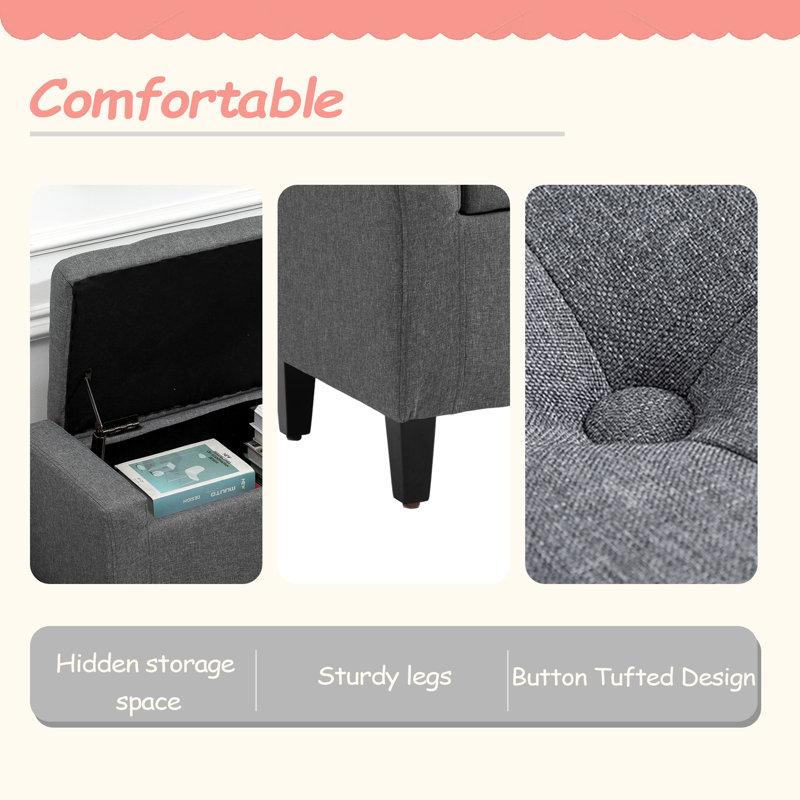 Repose-pieds avec rangement, banc de rangement rembourré en lin avec plateau relevable et capitonnage à boutons pour le salon