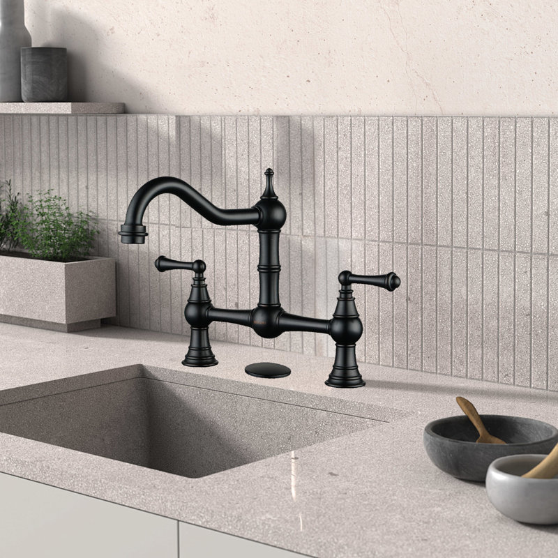 Bridge-Style Kitchen Faucet, 2 Or 3 Hole Bridge Faucet, 2 Handle Kitchen Sink Faucet 360° Rotating Faucet, Oil Rubbed Bronze