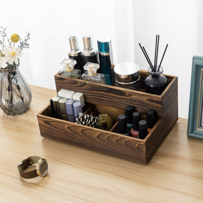 2-Tier Stackable Vanity Organizer Trays, Rustic Solid Wood Countertop Storage, Set of 2