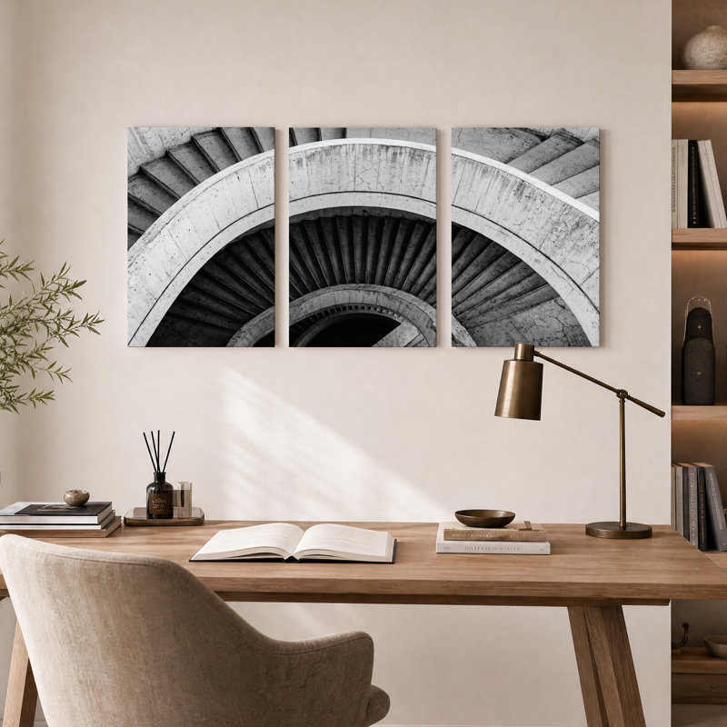 Ensemble de 3 toiles murales représentant un escalier en colimaçon en béton noir et blanc, 24"H x 16"W x 3pcs