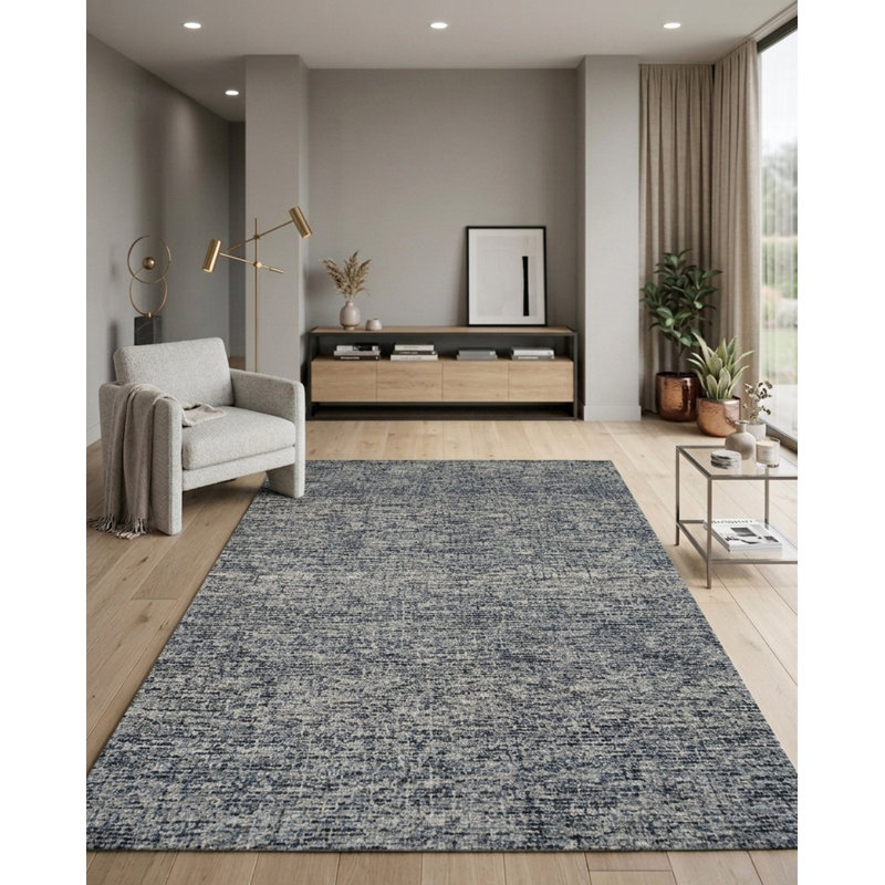 Tapis intérieur uni uni bleu foncé 100% laine foncé touffeté à la main, Rectangle de 5 pi x 8 pi