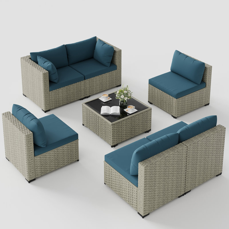 7 Pieces  Design-Oriented Rattan Patio Conversation Sets With Cushions, Peacock Blue