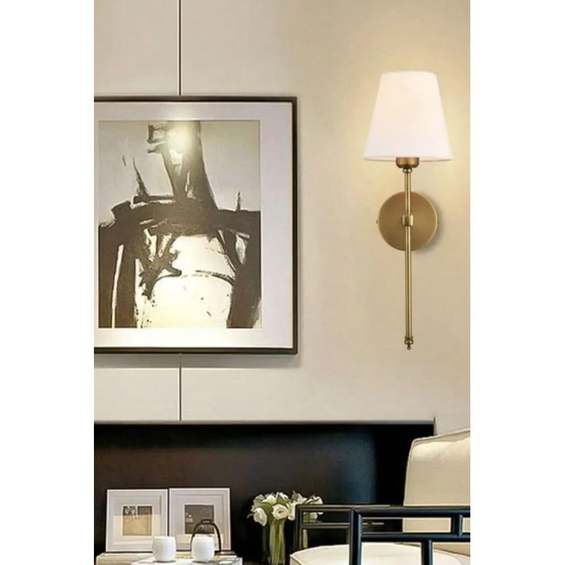 Elegant Wall Lamp with Metal Body & Fabric Cap, Gold | 3.15W LED Socket, Battery Operated (3 AA), 4500K Warm White Light | Stylish Home Decor, IP20 Rated, Convenient On/Off Switch
