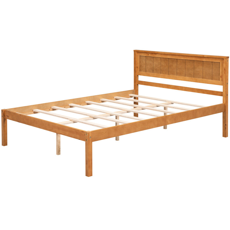Lit plateforme double avec tête de lit de soutien - base à lattes de bois, sans sommier, cadre de couleur chêne
